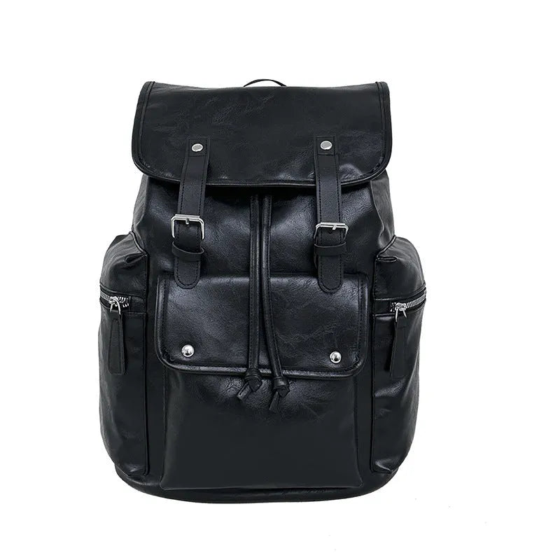 Solid colour PU couple travel backpack in black, curved shoulder strap, waterproof design for leisure travel