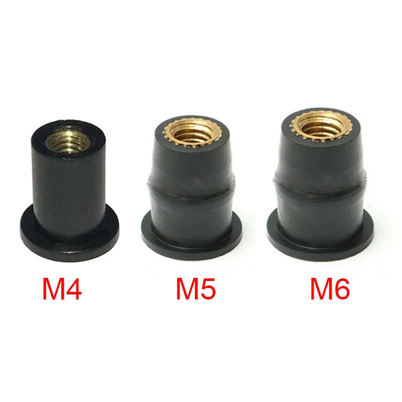 Ten black rubber brass expansion nuts for motorcycle windshield mounting in M4, M5, and M6 sizes.