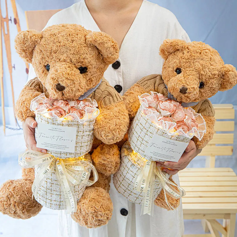 Plush bear doll with soap flower eternal rose bouquet in acrylic case 30cm height