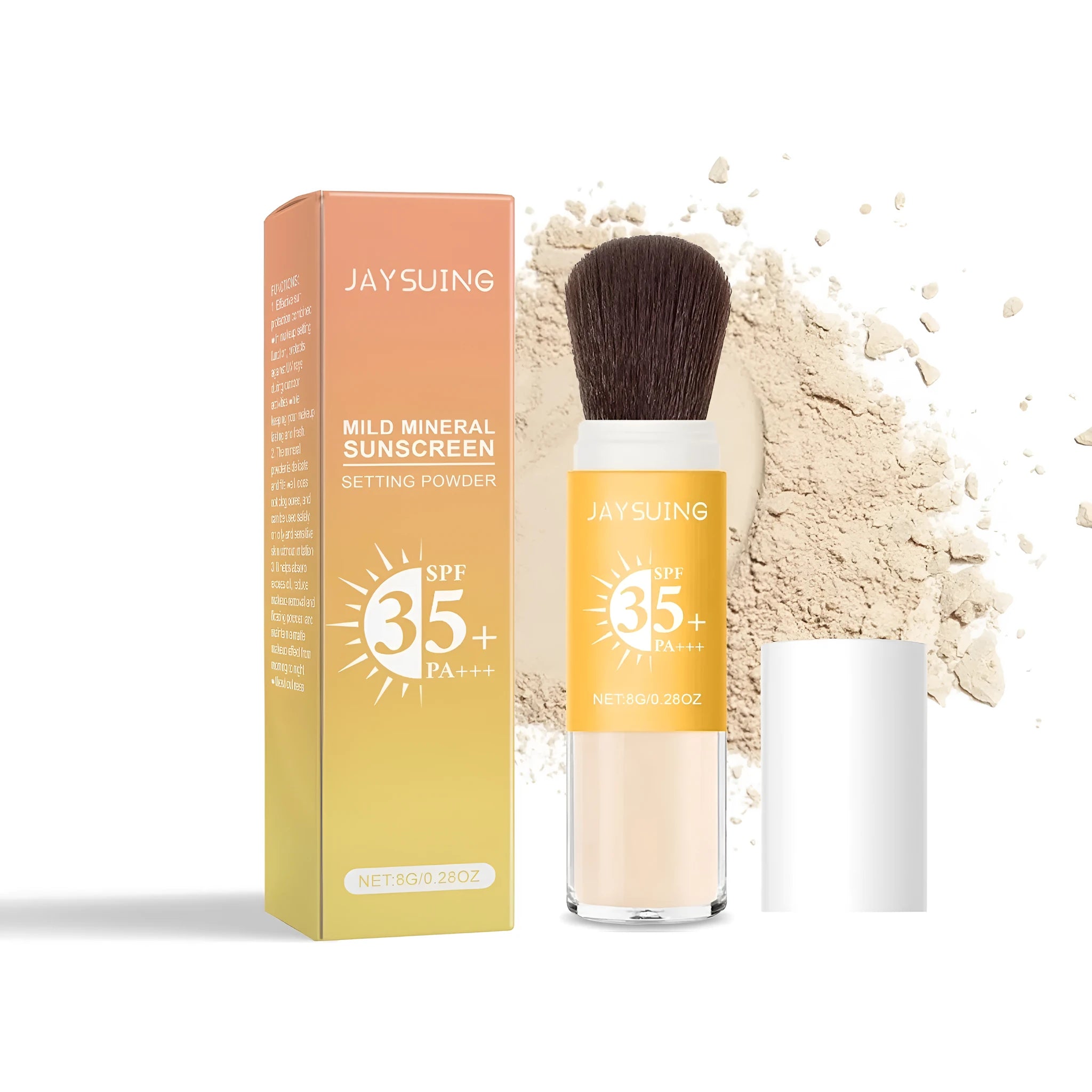 SPF 50+ sunscreen setting powder compact with 8g capacity and translucent mineral formula.