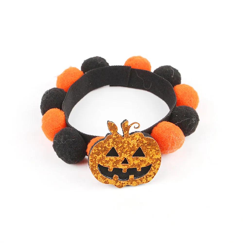 Halloween pet collar with fur ball decoration in pumpkin, pirate, bow, skull and witch designs