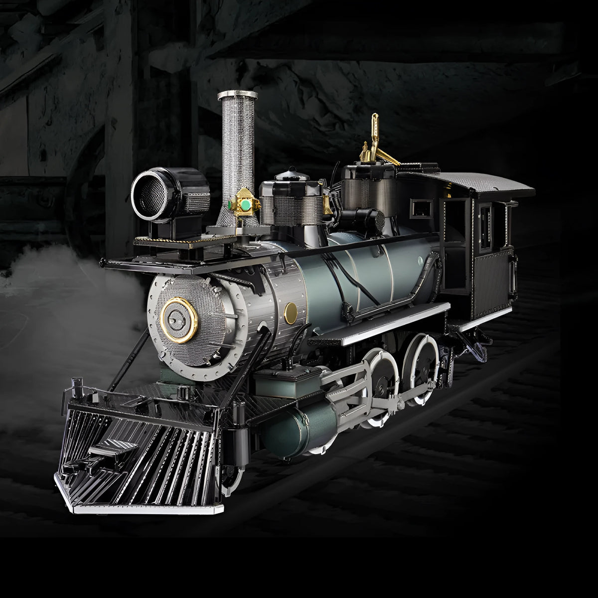 MG steam locomotive metal puzzle model in brass and stainless steel, 17x5x8cm, with colour printing