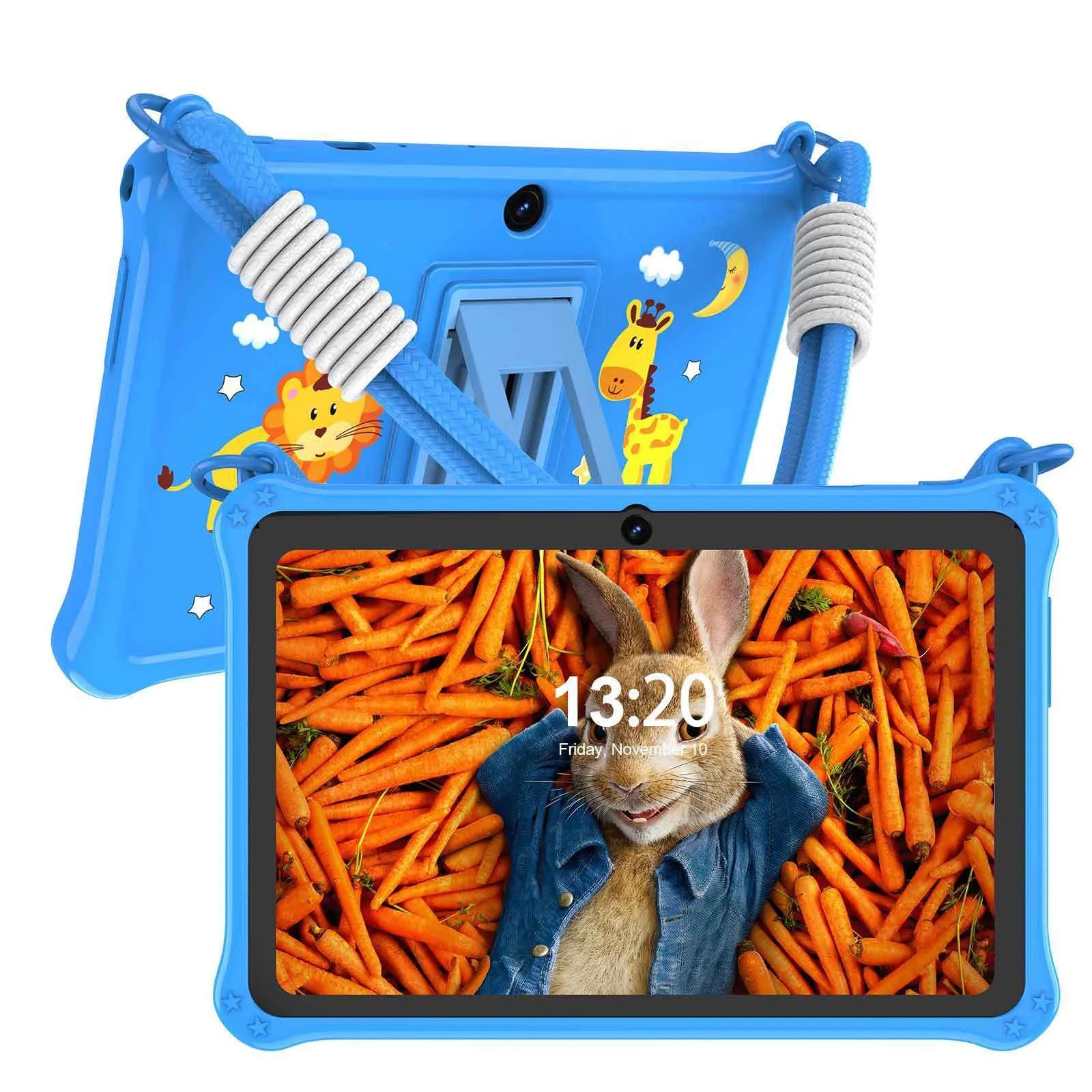 Blue silicone protective case for 7-inch children's tablet with flat strap and included accessories