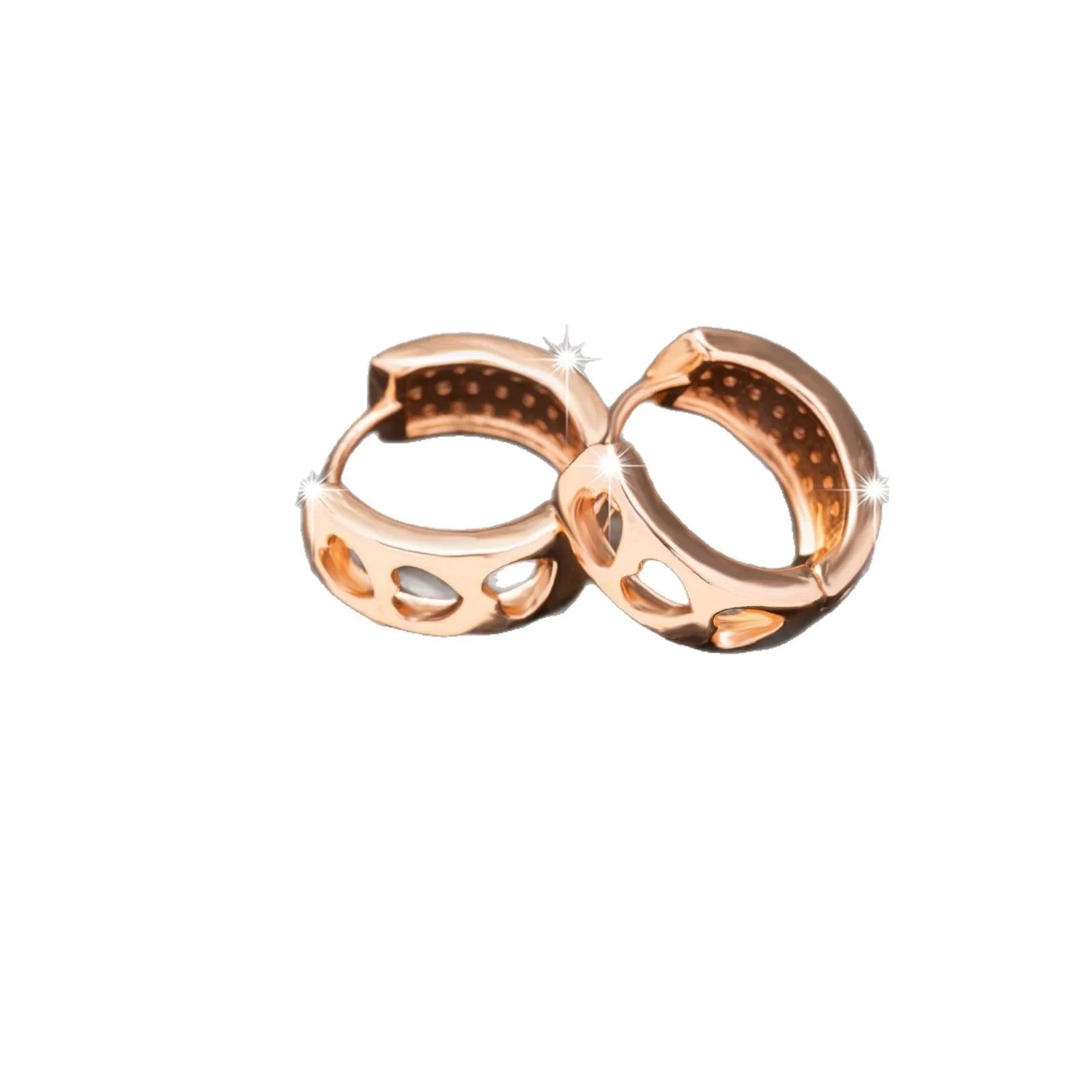 Pair of rose gold women's earrings with a 1.5cm hollow heart shape and three smaller heart cut-outs.