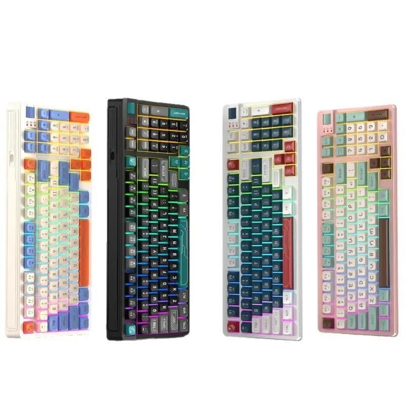 Colourful USB keyboard with luminous backlighting on a desk, showing mechanical-feel keys.