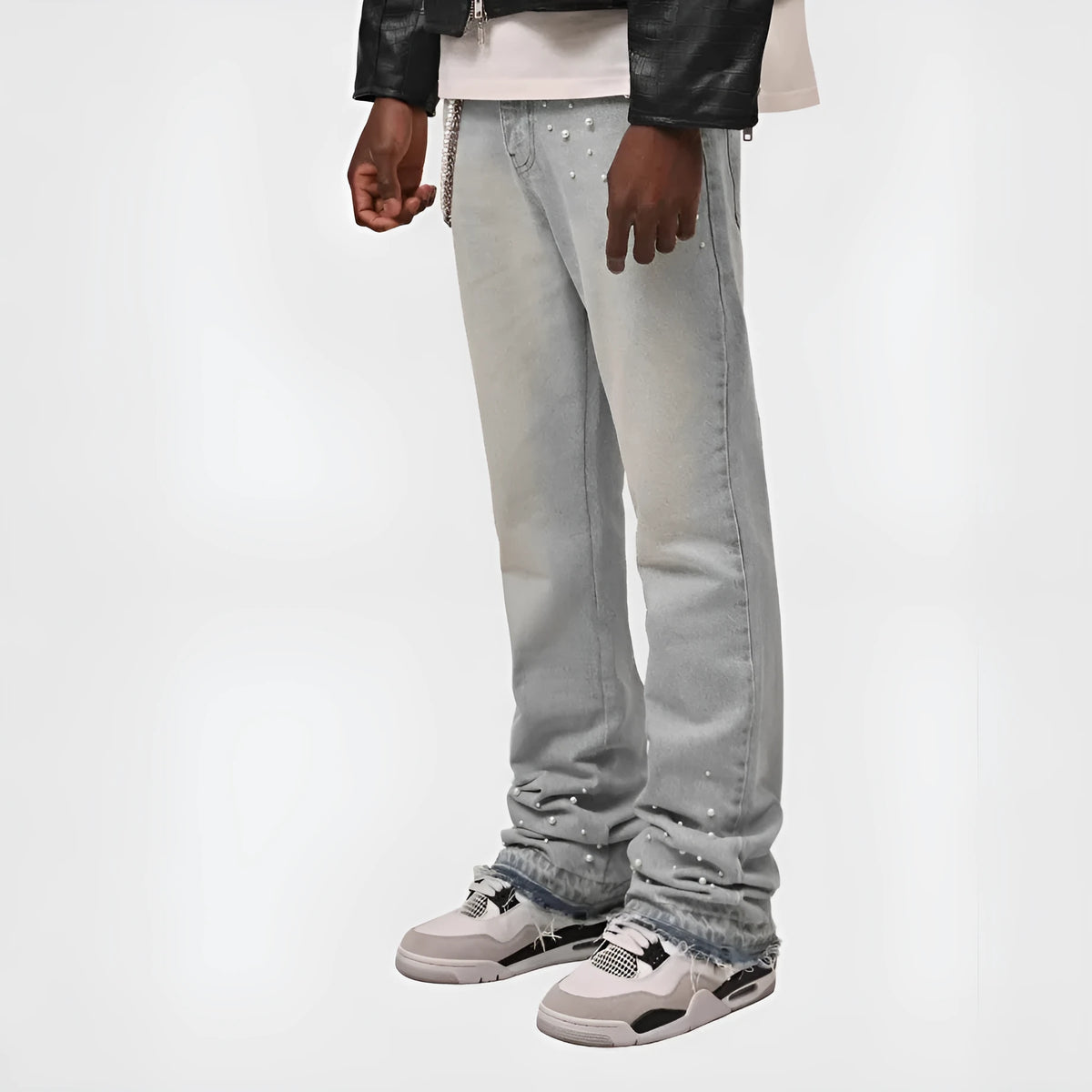 Men's straight-leg elastic diamond denim pants in light blue and black, sizes S to XL, cotton fabric.