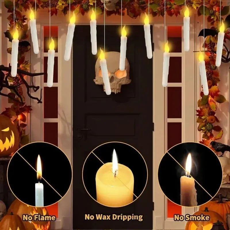 12 white floating LED candles with magic wand remote control and fishing line for hanging Christmas Halloween party decor