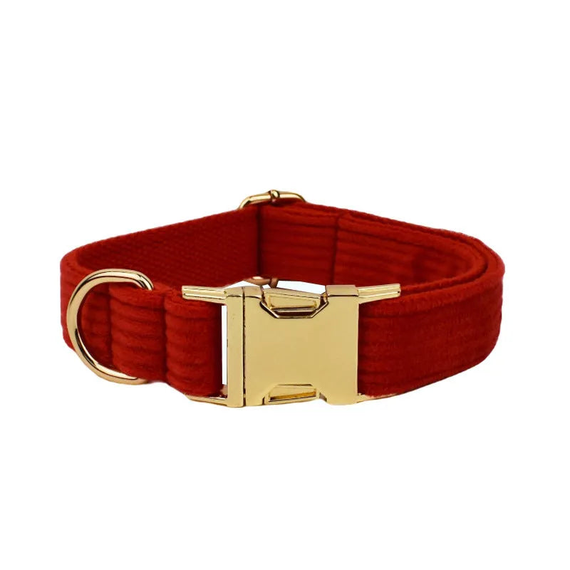 Corduroy dog collar and leash set with matching vest, bow, and poop bag holder in multiple sizes