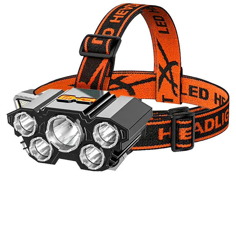 10W super bright LED head-mounted miner's lamp flashlight with adjustable head strap.