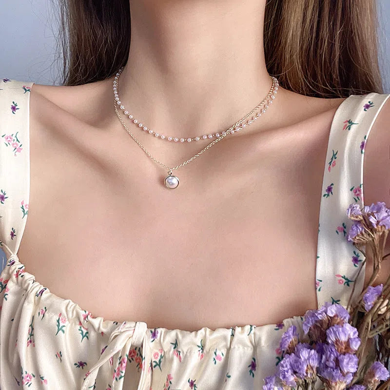 Double-layer pearl necklace with alloy chain and pearl pendant, inner chain 28.5cm, outer chain 40.0cm, extension chain 5.7cm