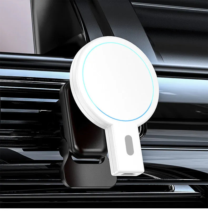 White magnetic wireless charging stand holding a mobile phone at an angle.