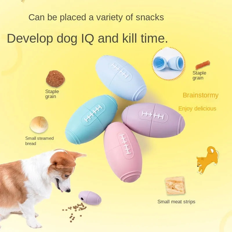 Blue silicone rugby ball dog toy with treat-dispensing centre for chewing and fetching