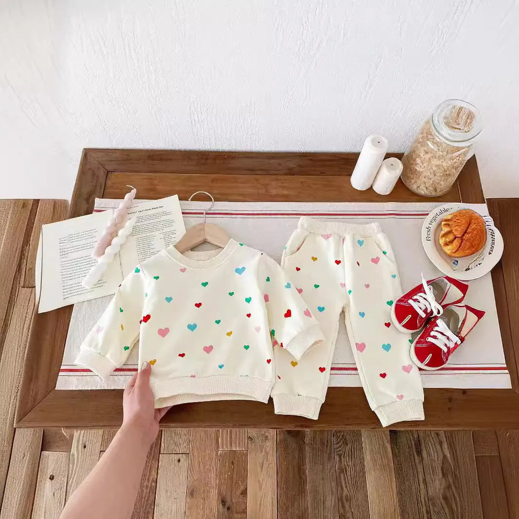 Cotton baby two-piece suit with coloured loving heart top and trousers for 73-110cm toddlers