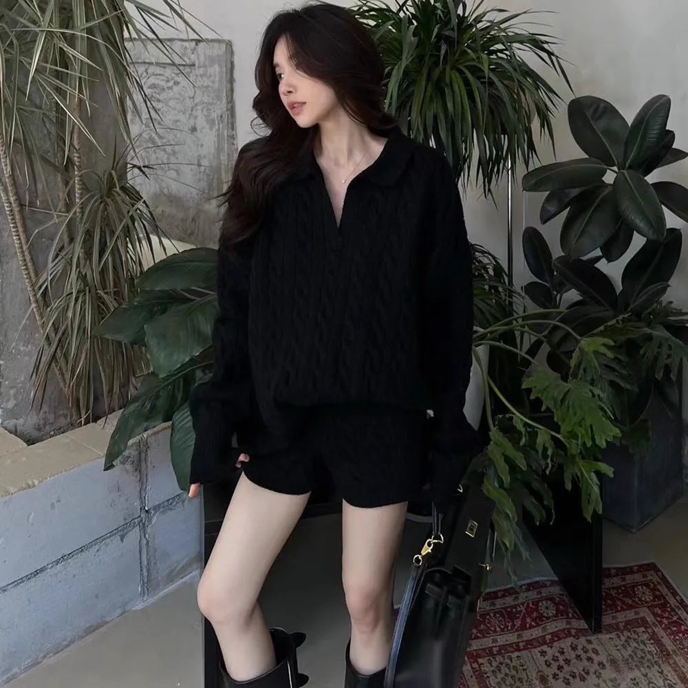 Women's knitted suit set with cable knit pattern, elastic waist shorts, and long sleeves in black, grey, or creamy-white