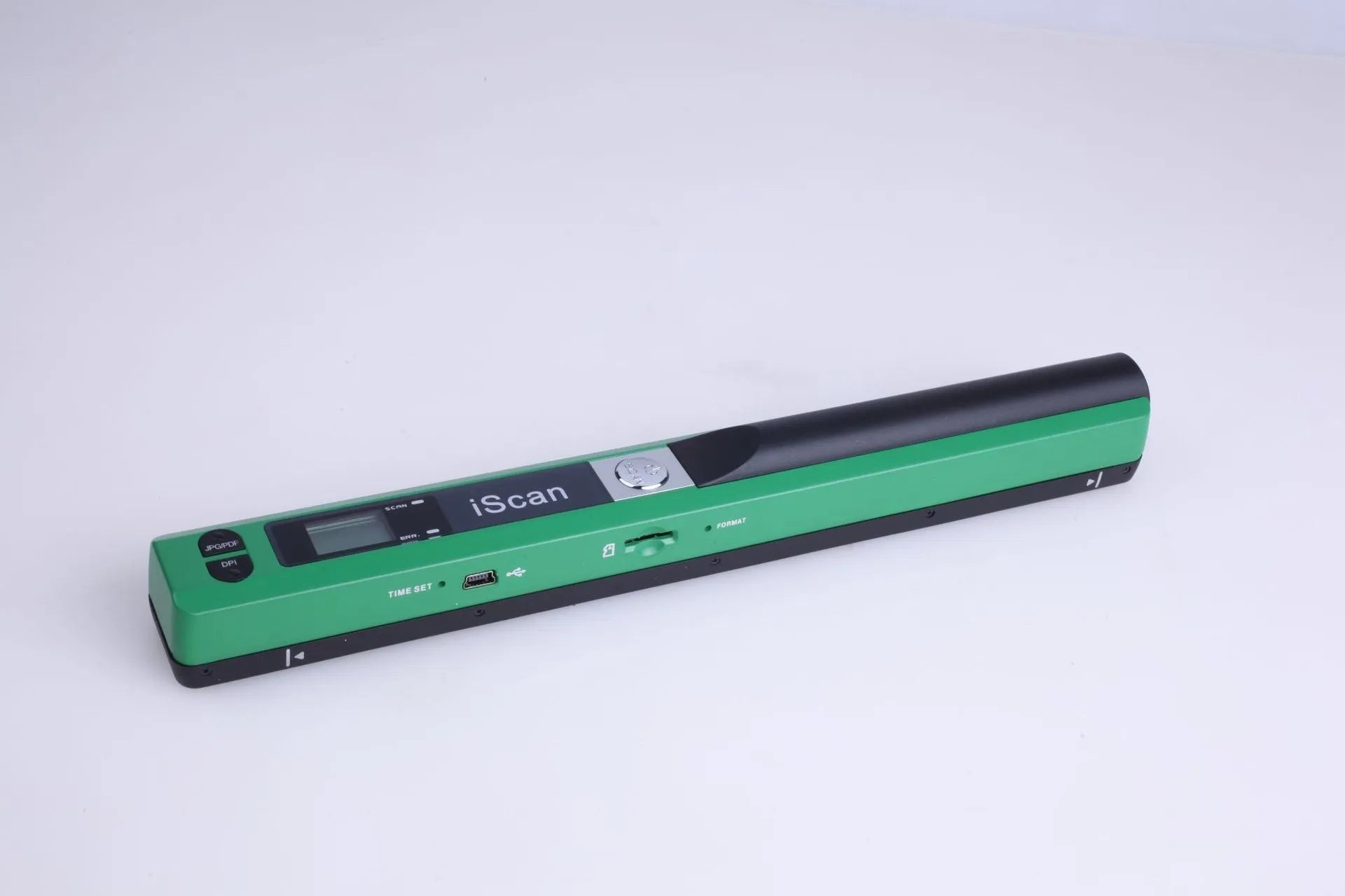 Handheld barcode scanner with plastic body shown in black, blue, green, red, and silver colour options.