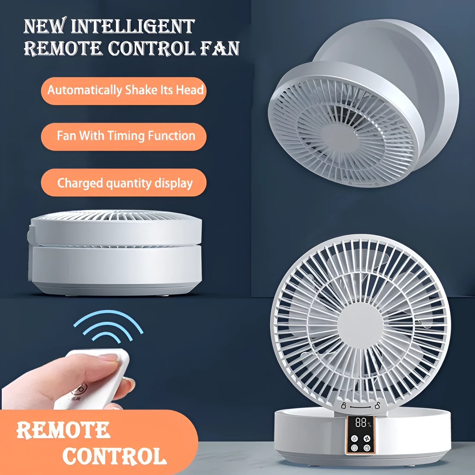 White portable folding fan with remote control showing 90° adjustable head and USB charging port