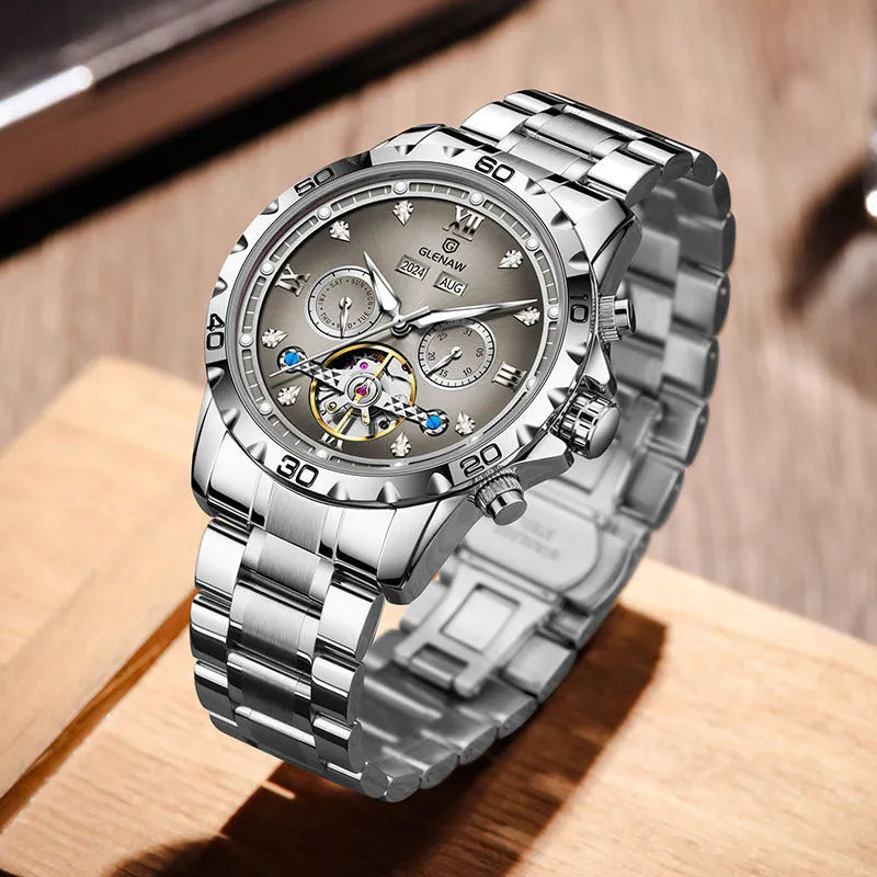 Men's automatic mechanical watch with stainless steel strap and metal case in various colour combinations.