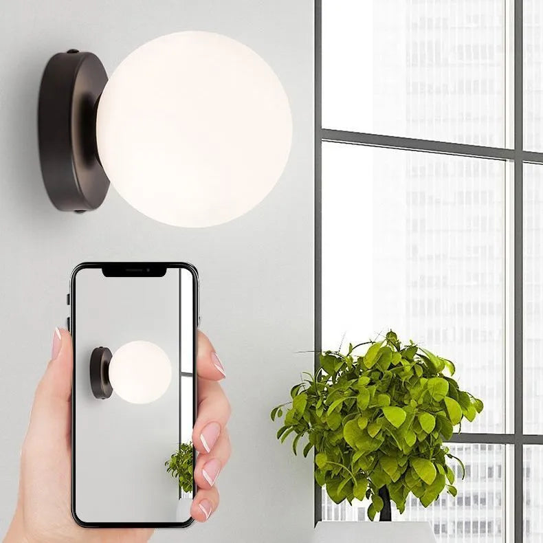 Nordic round spherical wall lamp with copper black silver or white base in 10cm to 20cm sizes