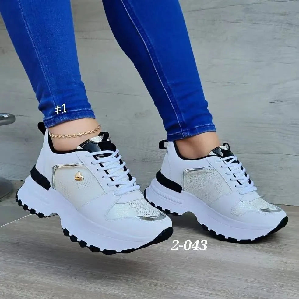 Women's fashion heel lifted sneakers in solid colour with artificial PU upper and rubber sole