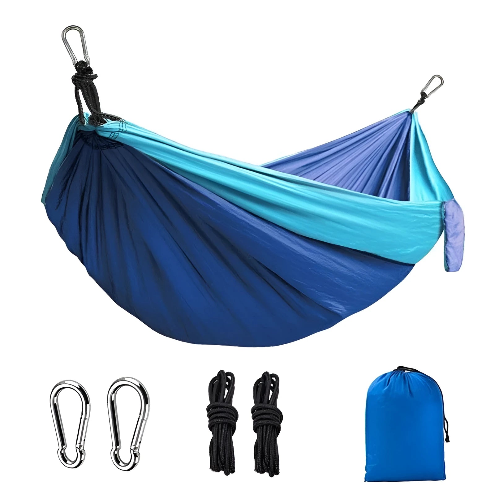 Sapphire blue parachute nylon hammock hung between two trees, showing its full 270cm length and integrated ropes.
