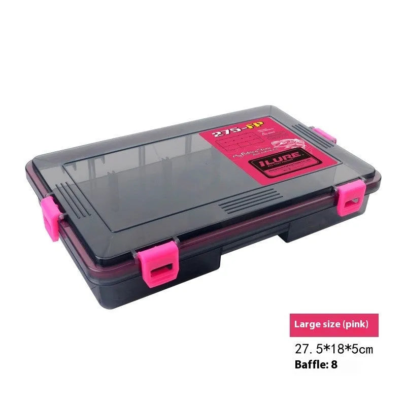 Blue plastic fishing lure storage box with compartments, shown next to a green box of the same design.
