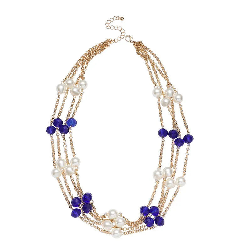 Women's sweater necklace with pearl crystal chain and round geometric alloy pendant in multiple colour options