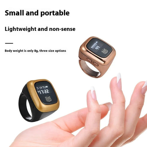 Al-Fatiha Zikr digital wrist counter on strap, showing display screen, available in multiple colours and sizes.