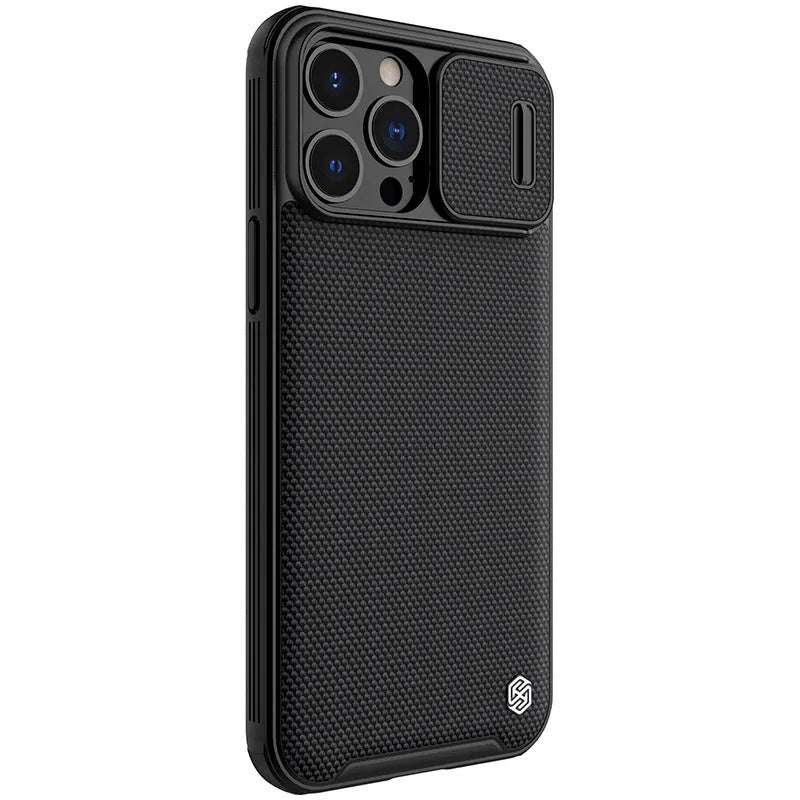 Black textured sliding back cover phone case for iPhone 13 Pro Max with PC and TPU construction