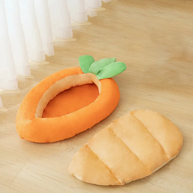 Carrot-shaped nesting dog bed with a soft blanket in two size options for small and medium pets.