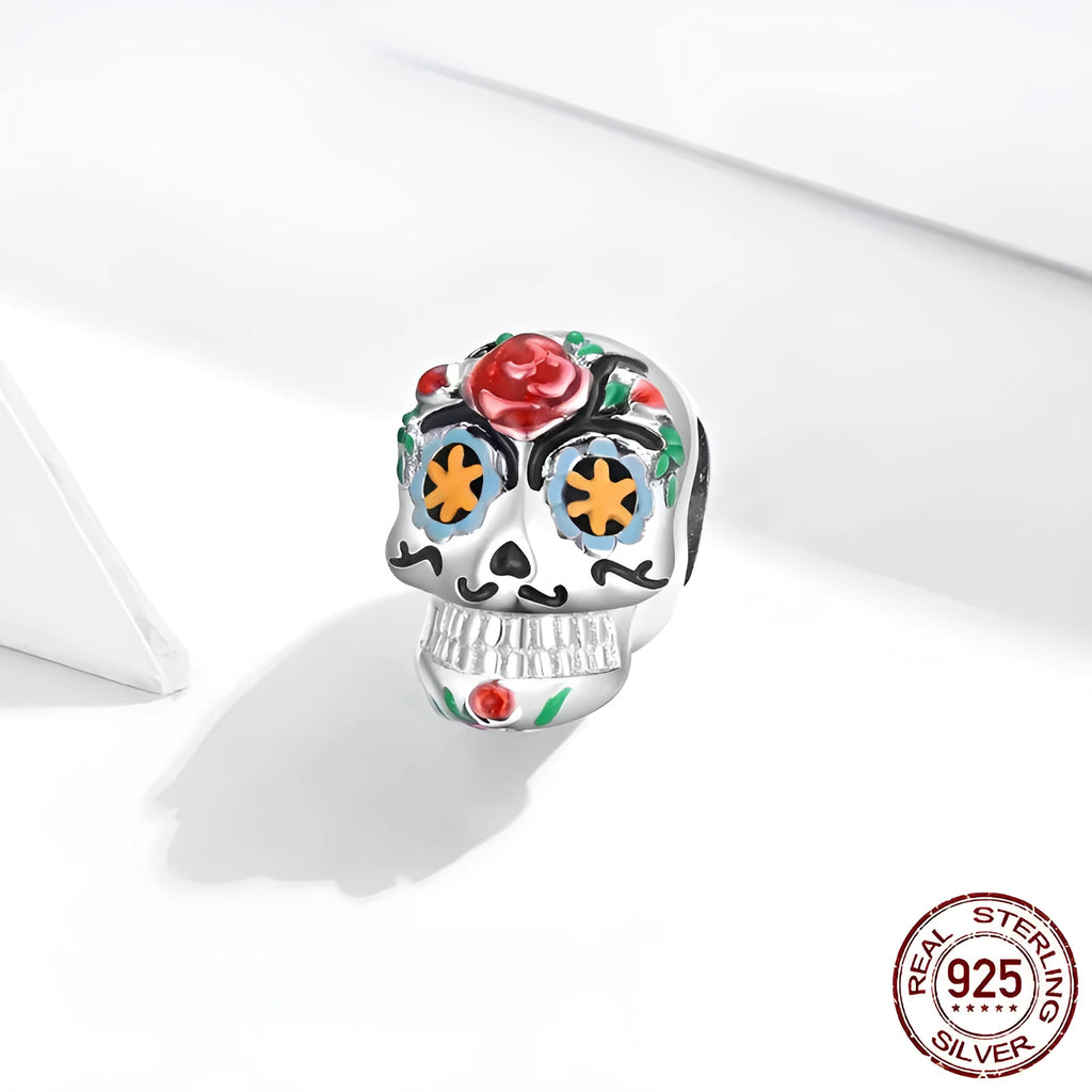 Halloween skull bead made from 925 sterling silver with platinum plating and oil drip finish