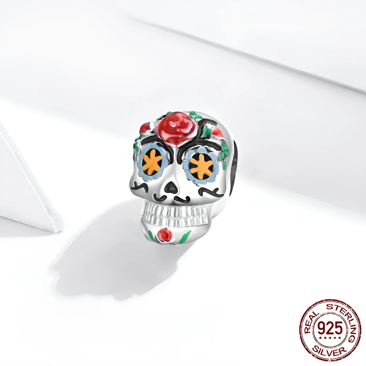 Halloween skull bead made from 925 sterling silver with platinum plating and oil drip finish