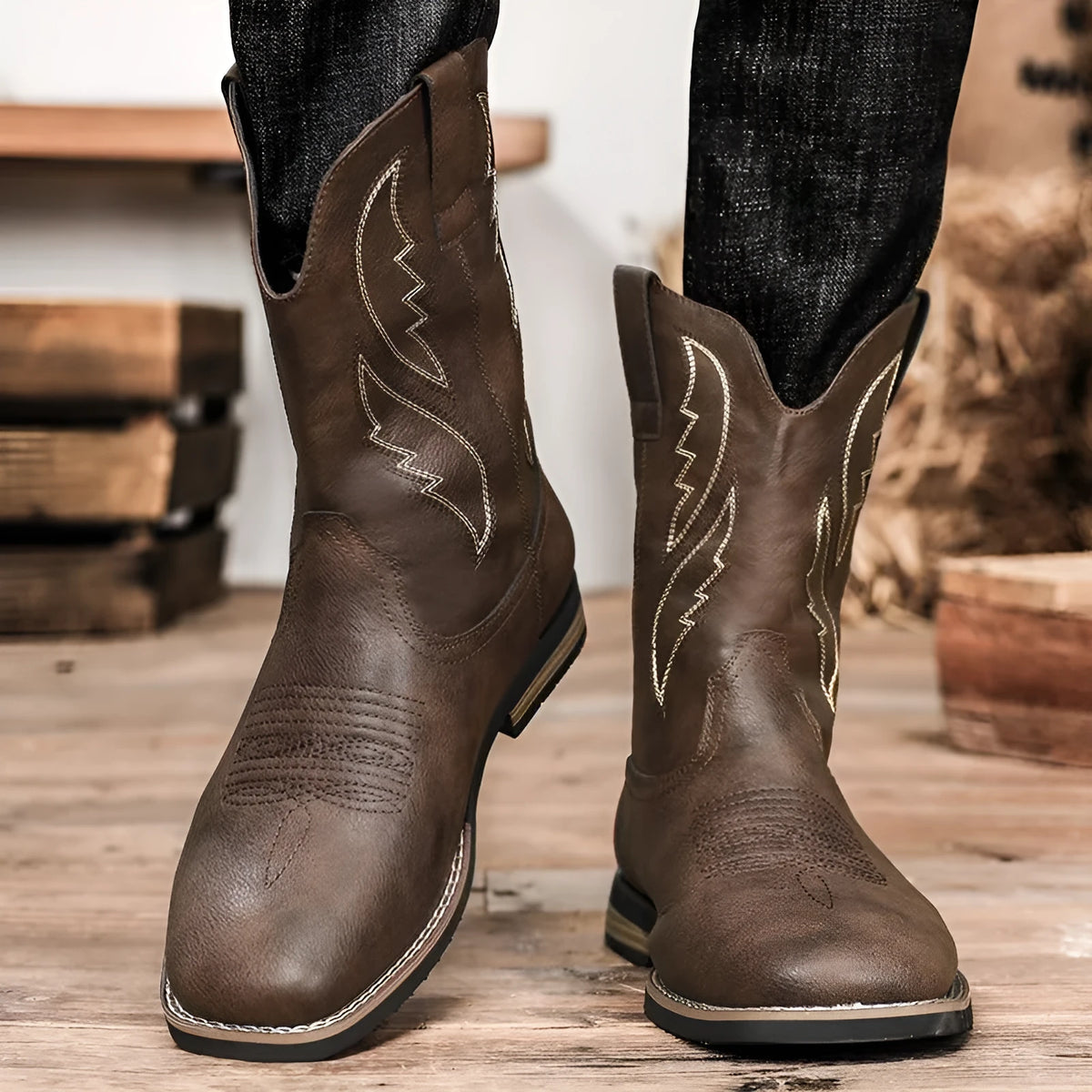 Men's retro cowboy worker boots in brown PU leather with round toe and flat rubber sole