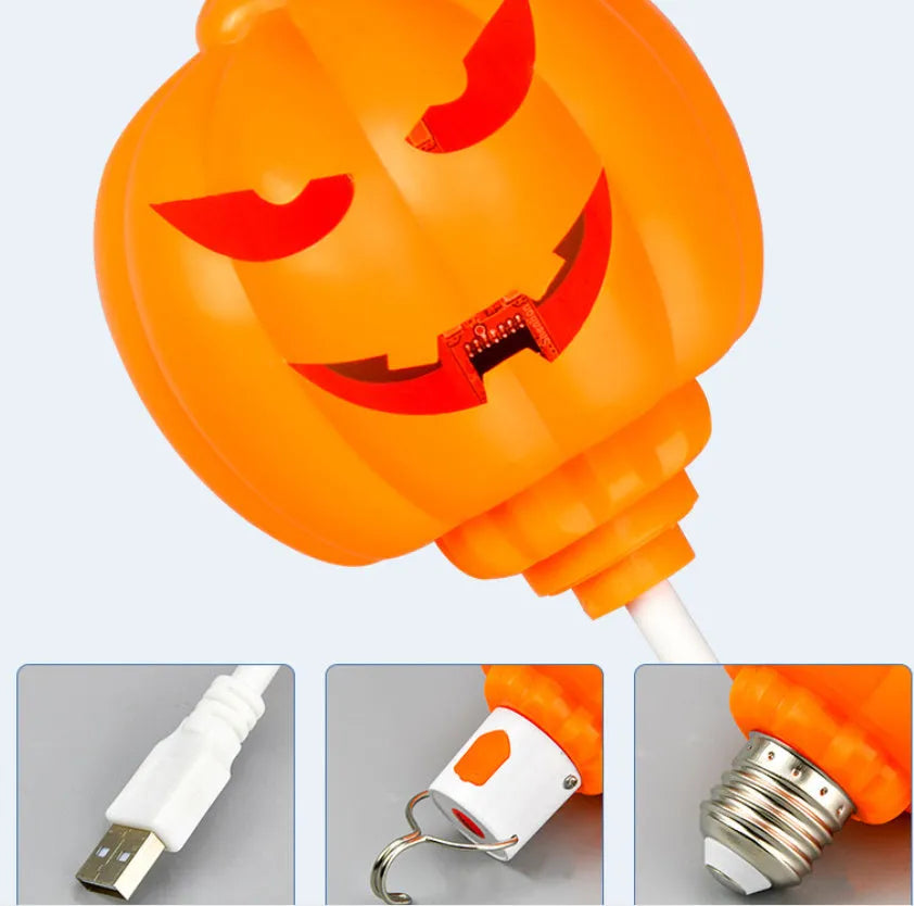 Plastic pumpkin lamp with USB charging cable showing yellow and purple light options