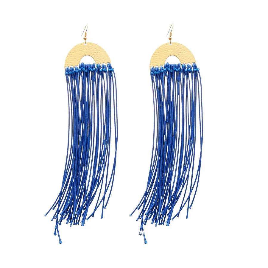 Women's geometric earrings with cloth construction and blue resin flowers