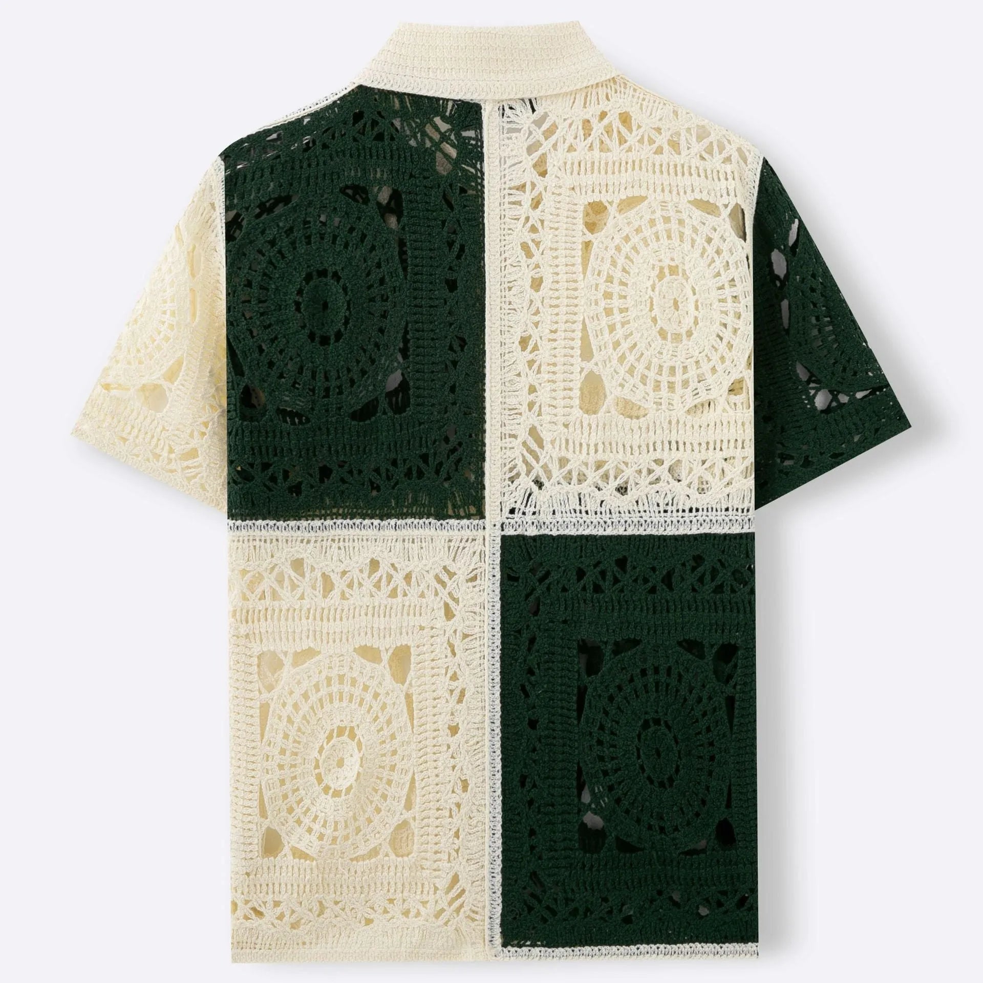 Beige men's colourblock knitted short sleeve shirt with flocking texture detail.