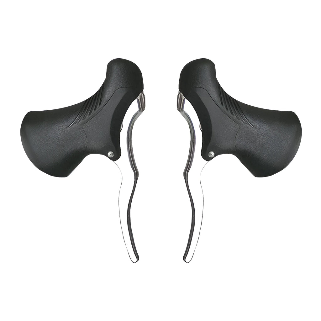 A pair of aluminium alloy road bicycle brake handles in black and black silver finishes.