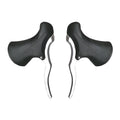 A pair of aluminium alloy road bicycle brake handles in black and black silver finishes.