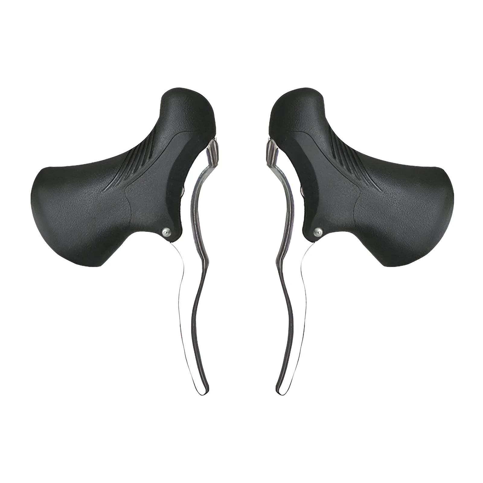 A pair of aluminium alloy road bicycle brake handles in black and black silver finishes.