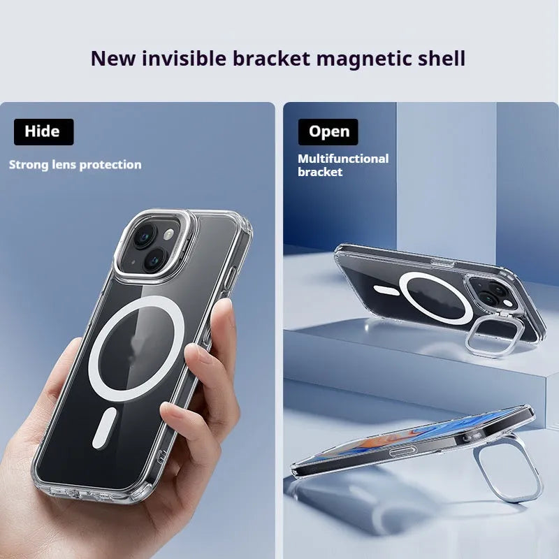 Magnetic phone case Qiahui with invisible bracket for iPhone 15 Pro Max, transparent white TPU