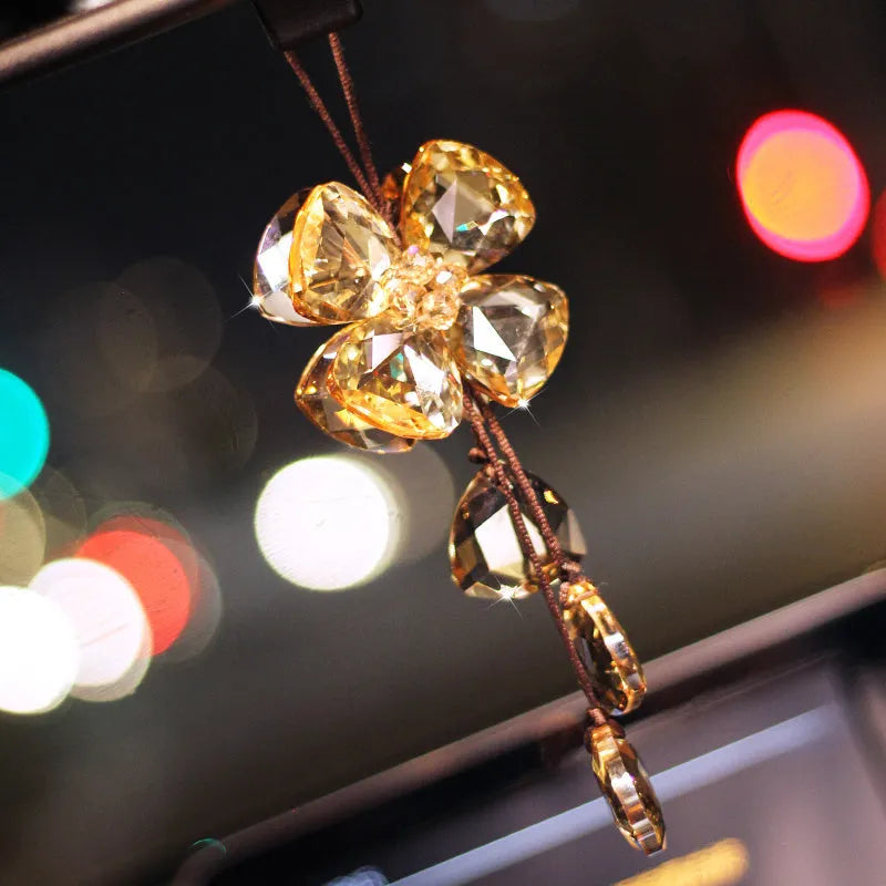 Crystal four leaf grass car pendant hanging, approximately 20cm long, in champagne colour option