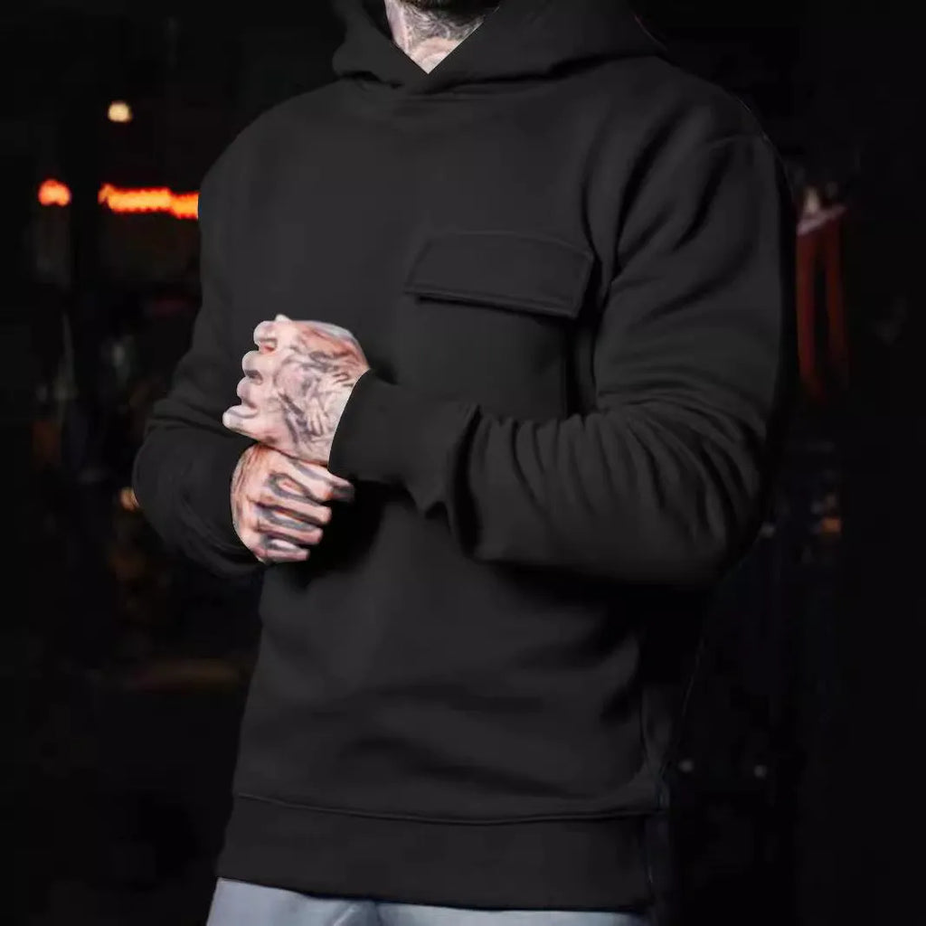 Plus size hooded pullover with dimensional patch pocket in solid colour, slim fit polyester casual top