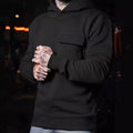 Plus size hooded pullover with dimensional patch pocket in solid colour, slim fit polyester casual top