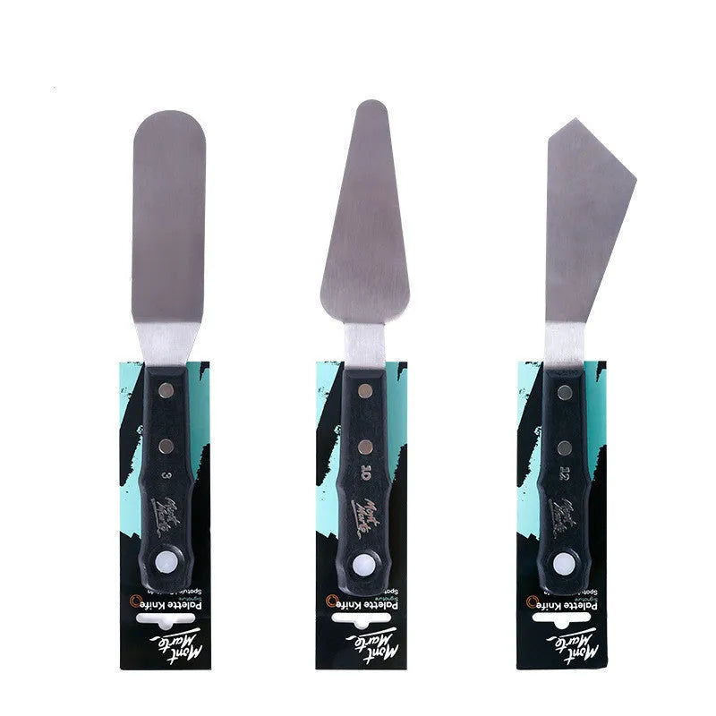 Three stainless steel oil painting palette knives, sizes No. 3, No. 10, and No. 12, on a surface.