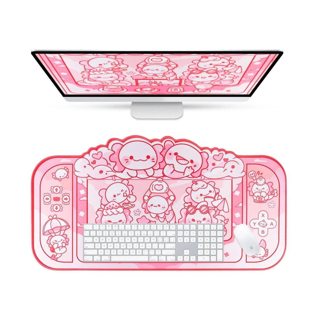 Hexagonal dragon crane machine cartoon anime print on a large 75x40 cm black cloth mouse pad with wrist rest.