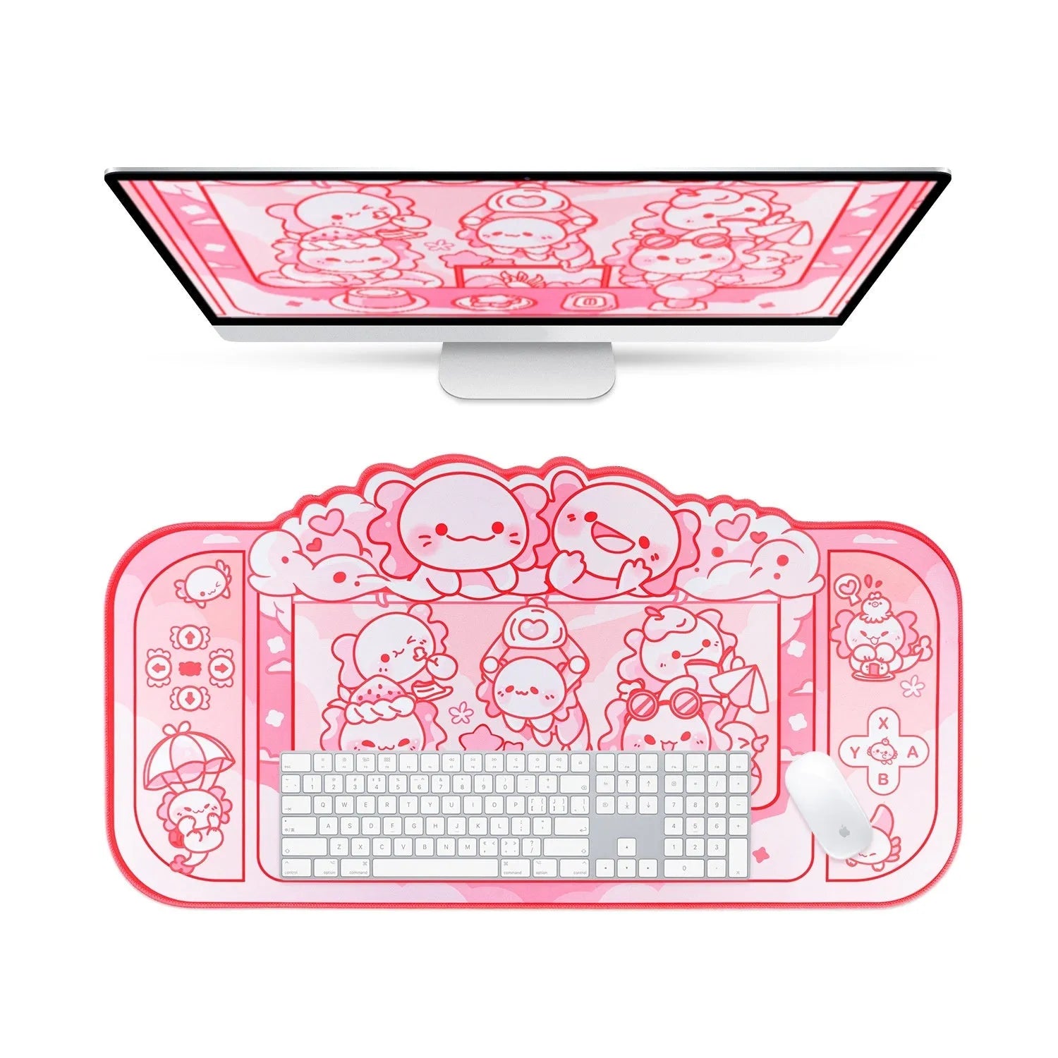 Hexagonal dragon crane machine cartoon anime print on a large 75x40 cm black cloth mouse pad with wrist rest.