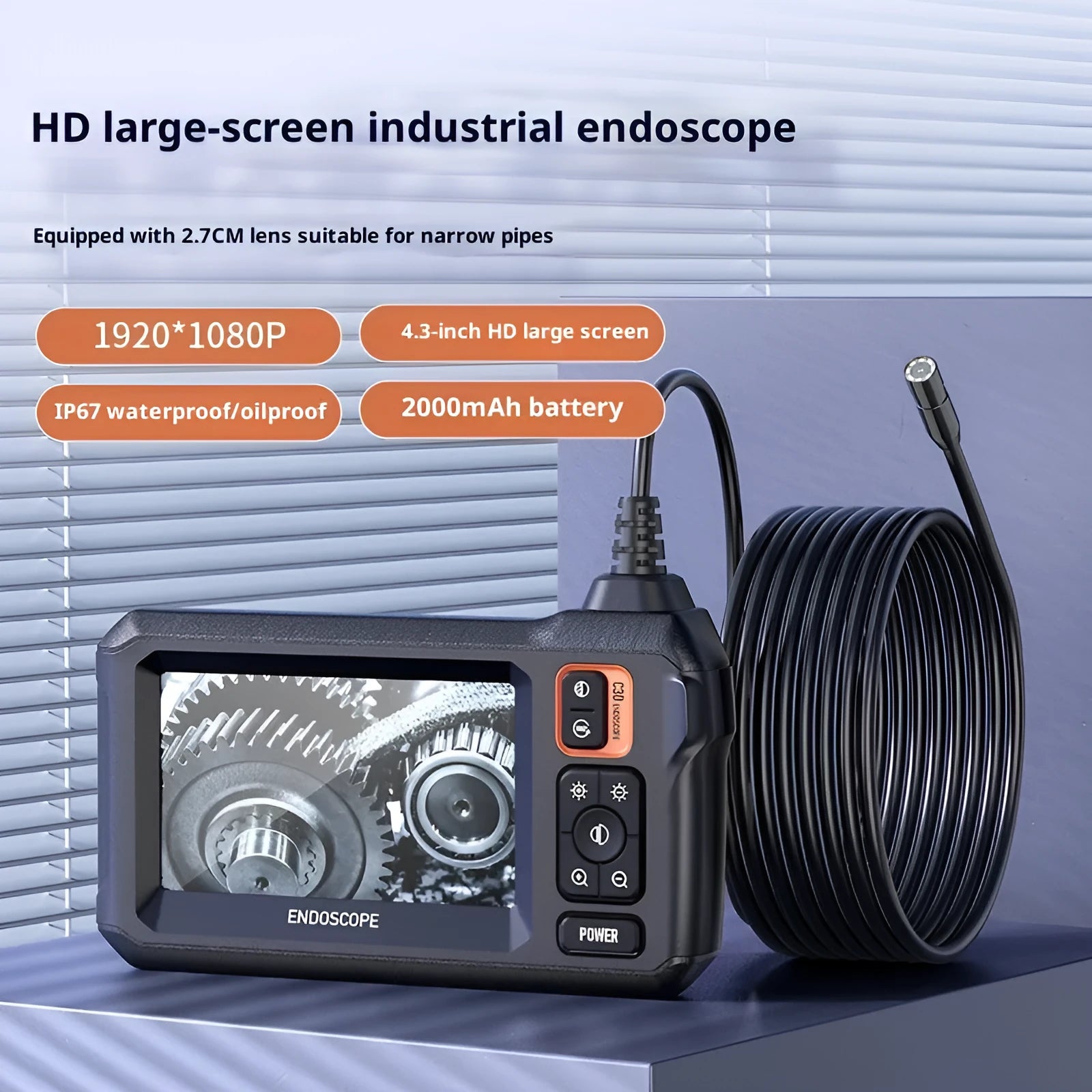 HD handheld camera with screen in black and orange for inspection tasks