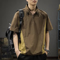 Brown men's short-sleeve half-zip shirt with a stand collar, showing the loose fit and ice silk fabric texture.