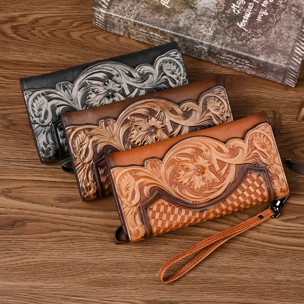 Retro brown tri-fold women's wallet with embossed floral pattern, showing card slots and folded profile.
