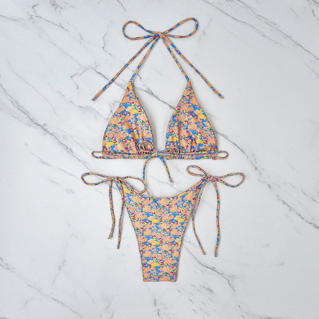Lace-up bikini swimsuit with European split design and backless pattern in picture colour
