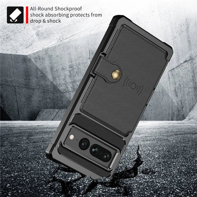 Google Pixel 7 card phone case wallet button drop-resistant protective cover in black with card slot